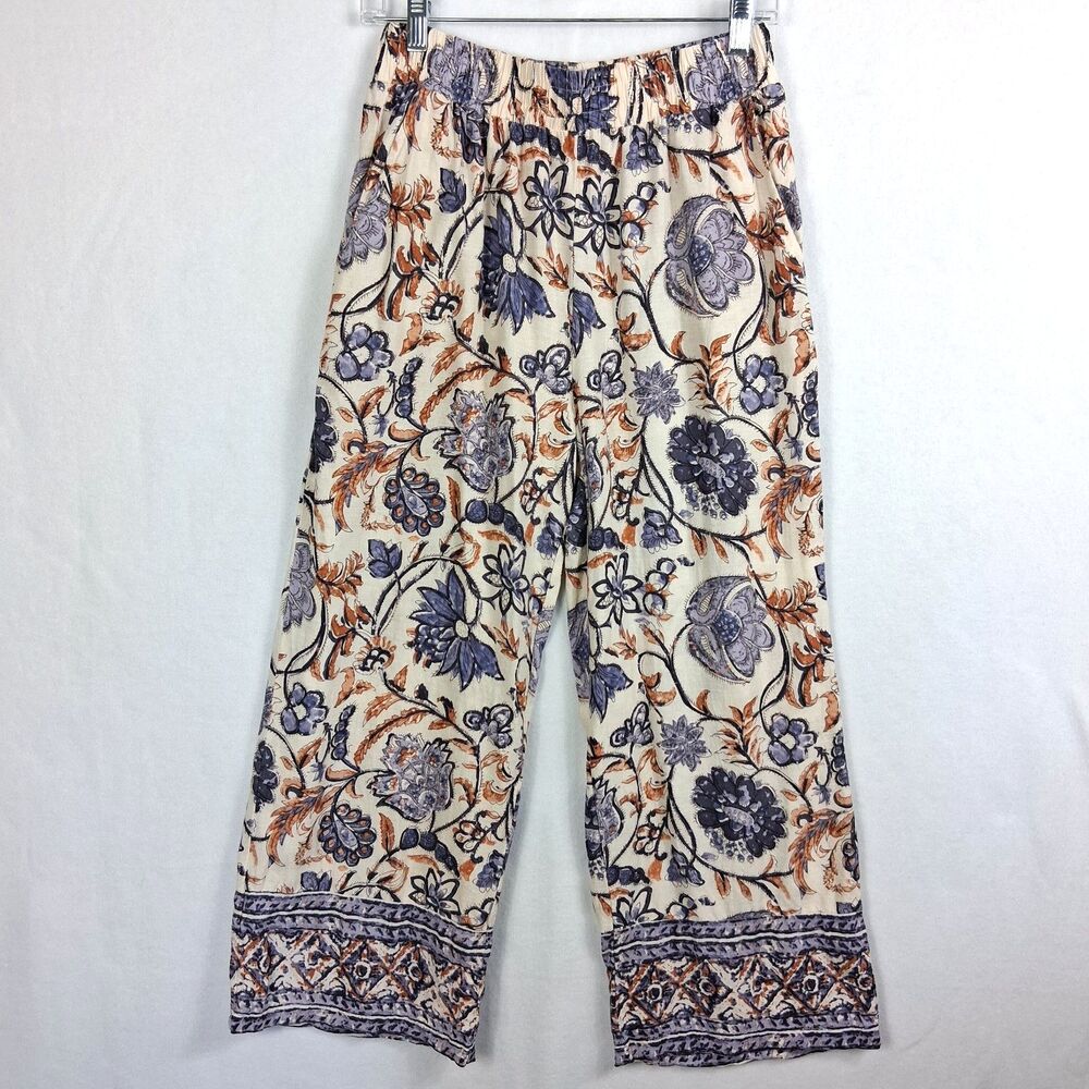 Nicole Miller Womens Boho Linen Blend Wide Leg Pants Medium Blue Brown Floral